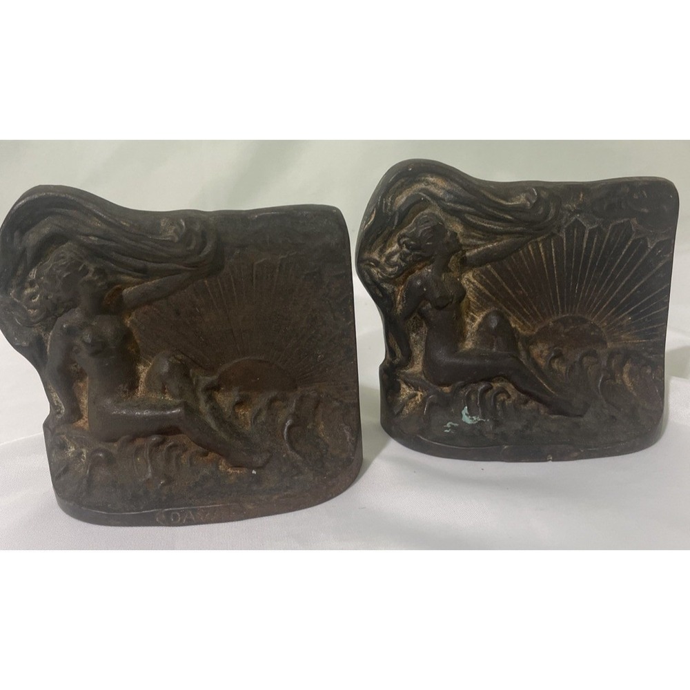 Unbranded Art Deco Nude Woman Sunburst Cast Iron Bookends Set 2 Bronze Good